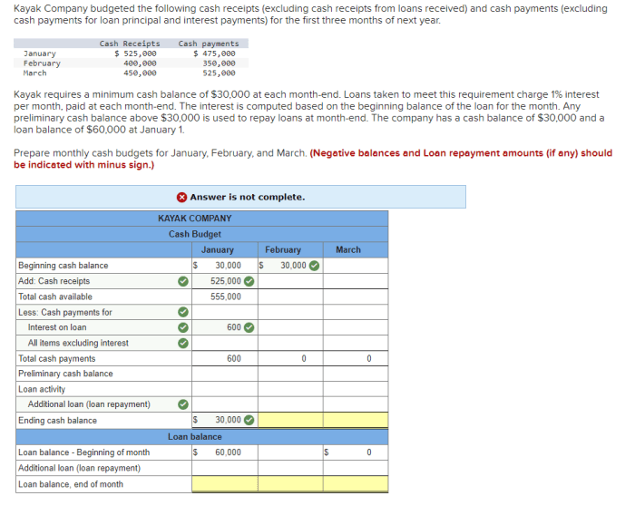 Cash receipts budgeted following kayak excluding loans disbursements received has march payments loan interest principal solved month balance three end